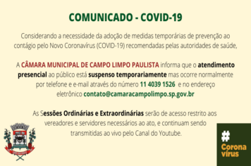 Câmara Municipal suspende temporariamente atendimento presencial ao público.